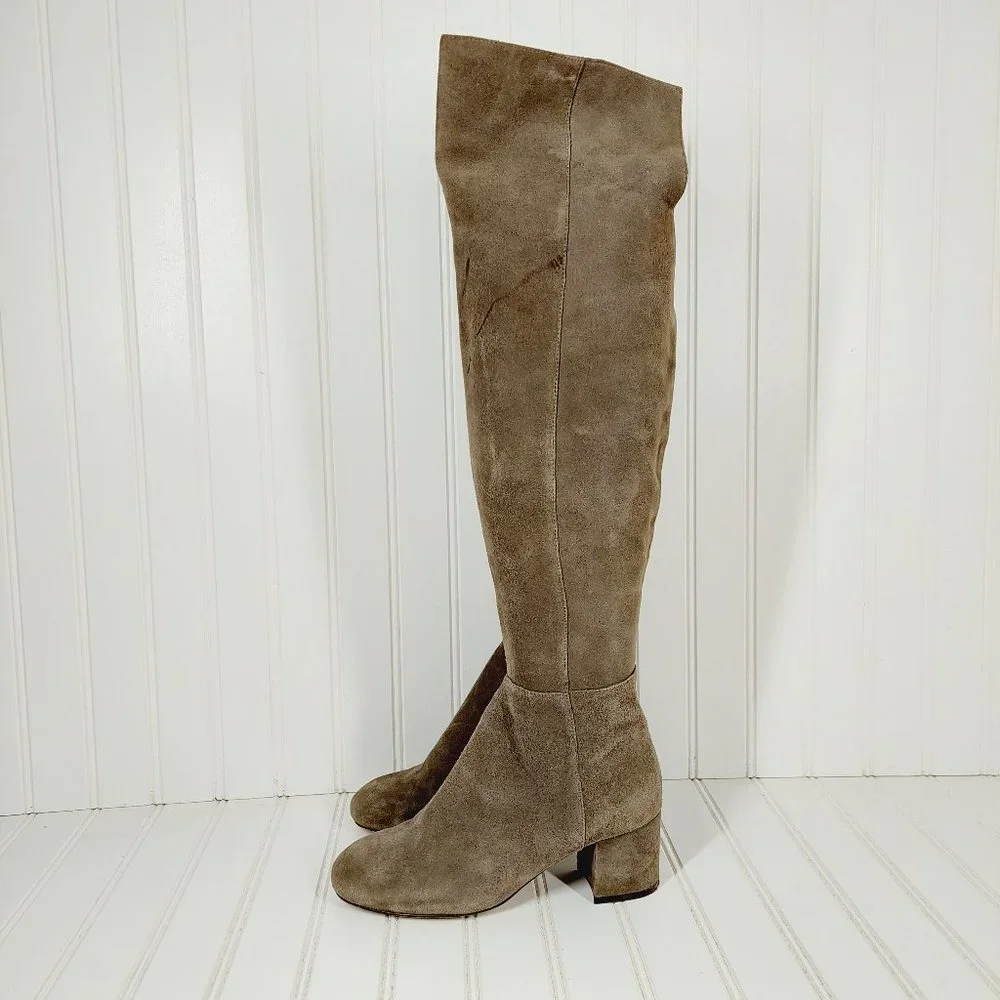 Halogen Over the Knee Taupe Tan Suede Leather Elastic Heeled Tall Boots B156